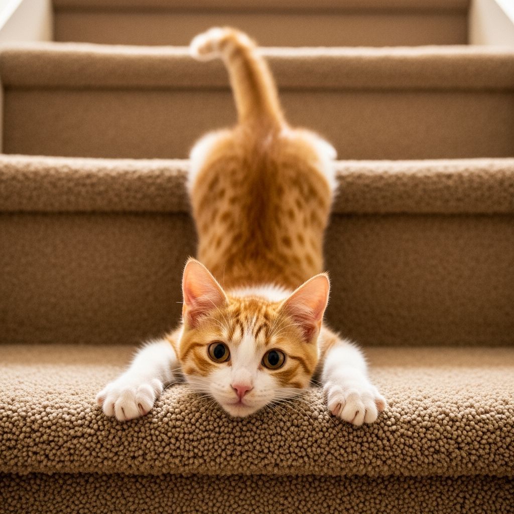Cute Kitten Melts Sliding Down Carpeted Stairs