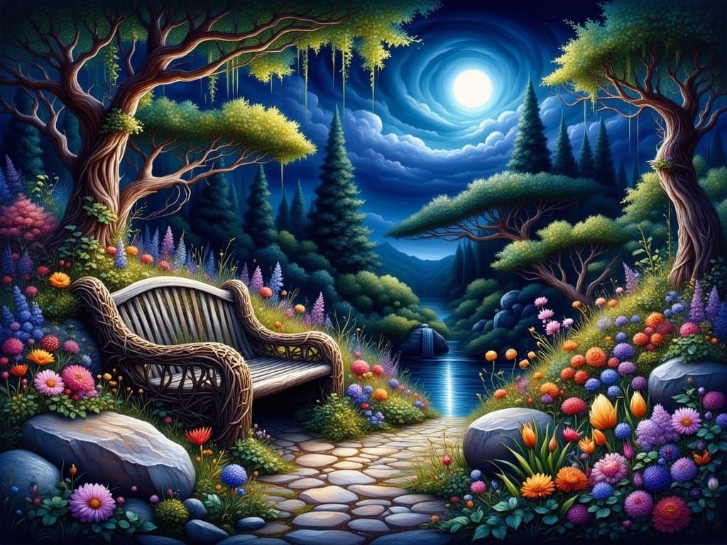 Whimsical Moonlit Garden Scene in Watercolor Style
