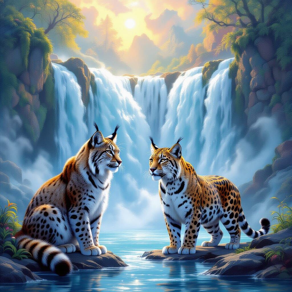 Majestic Lynx and Jaguar by Waterfall in Kinkade Style