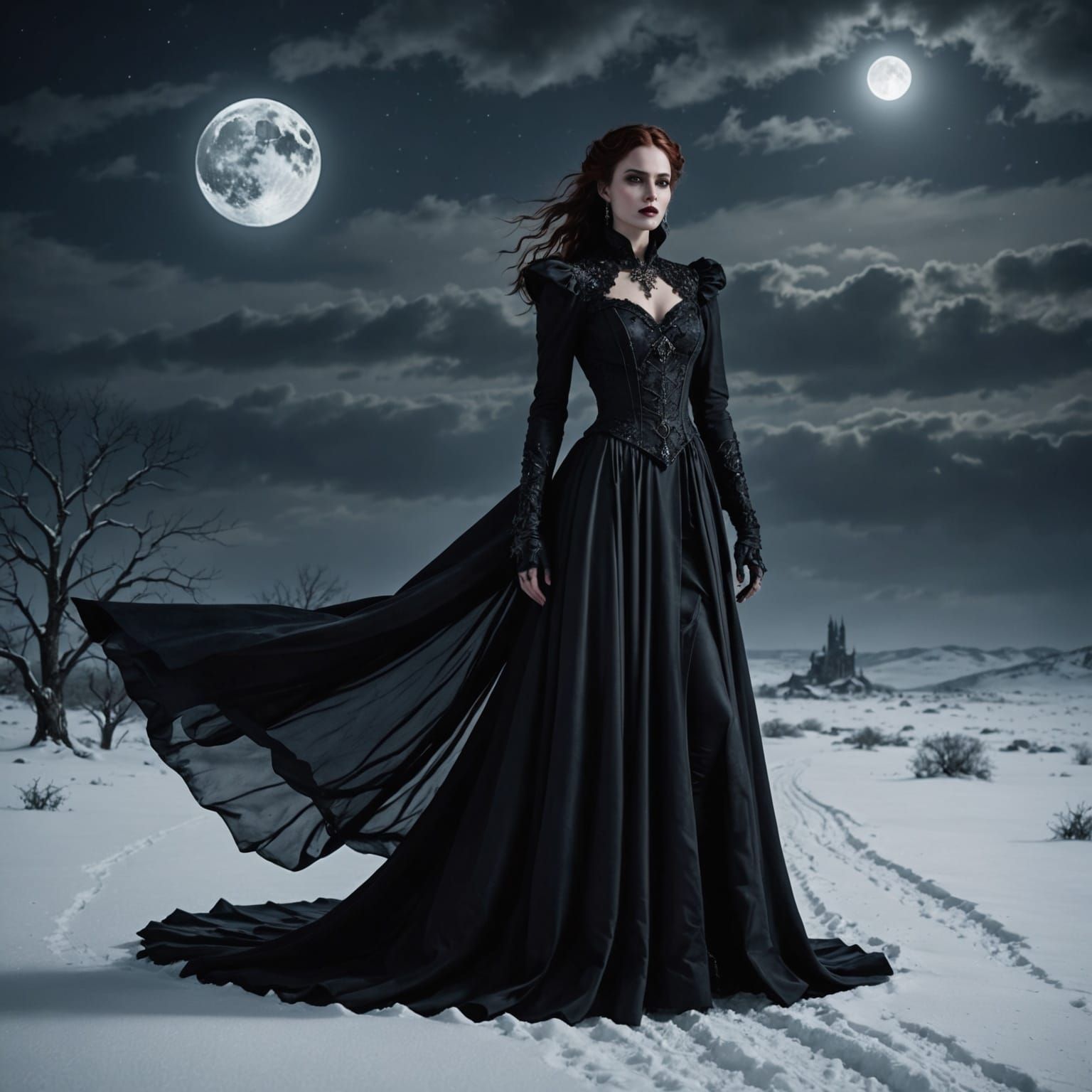 Gothic Goddess Radiates Confidence Under Full Moon