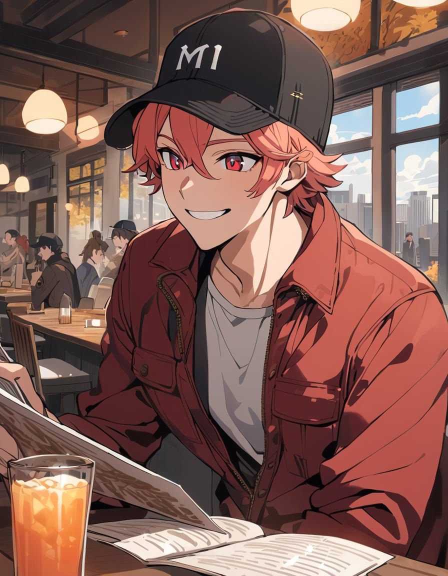 Cel-Shaded Boy Smiles While Reading Menu in Autumn Restauran...