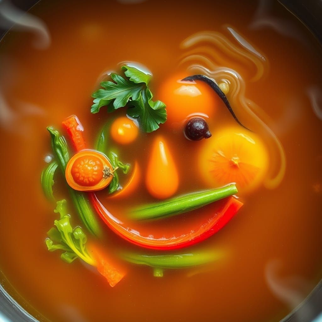 Whimsical Vegetable Broth in Folk-Art Style