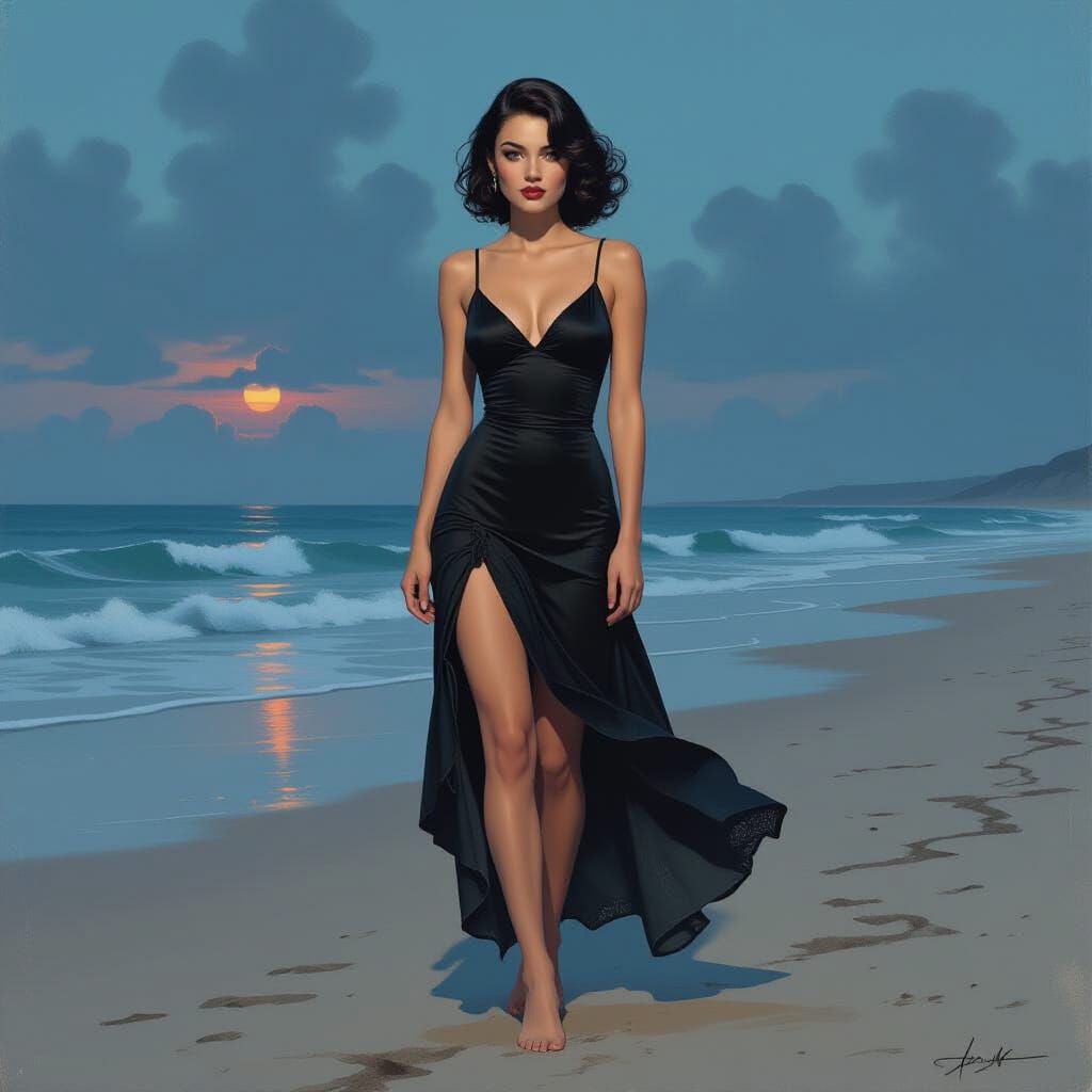 Gothic Pin-Up Model on Windswept Beach at Dusk