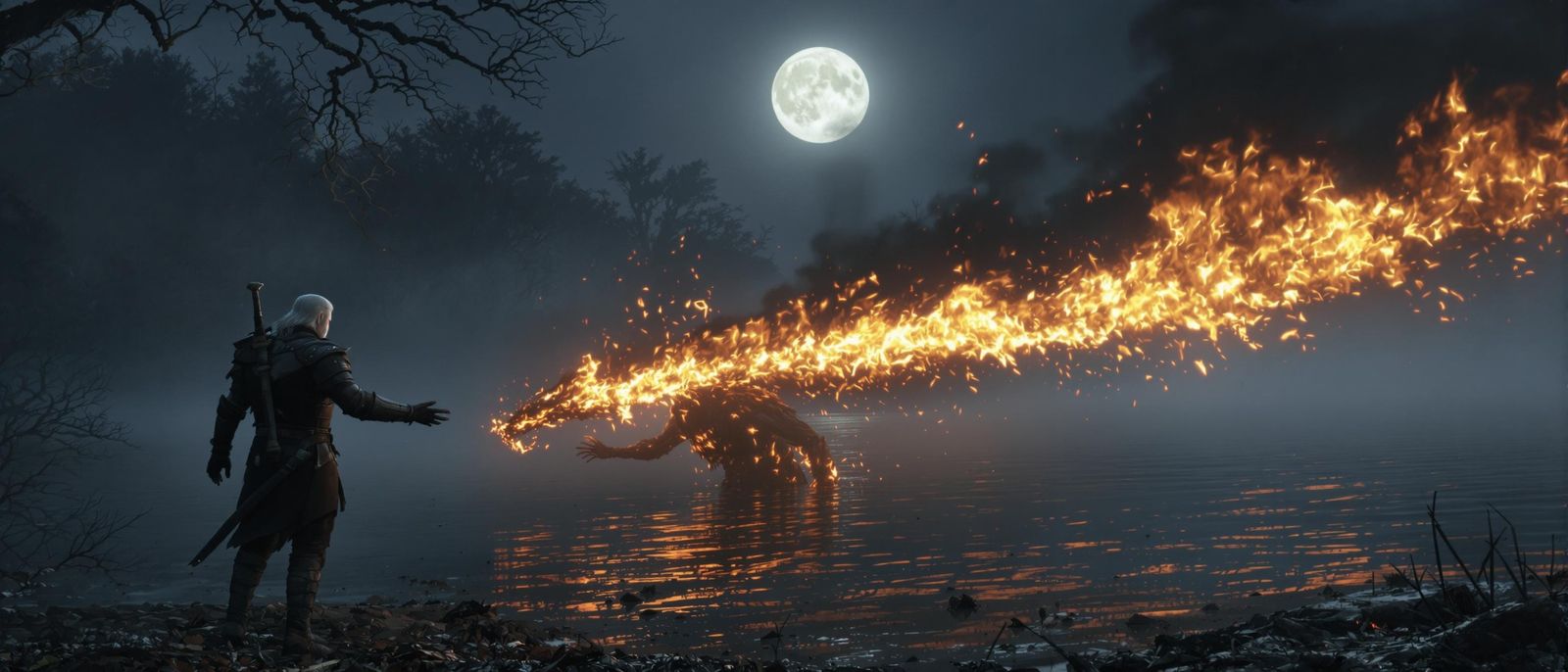 Geralt Casts Igni Sign in Dark Fantasy Scene