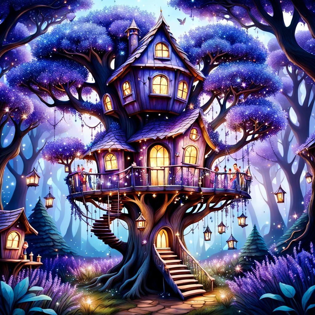 Enchanted Treehouse Village in Lavender Crystal Tree