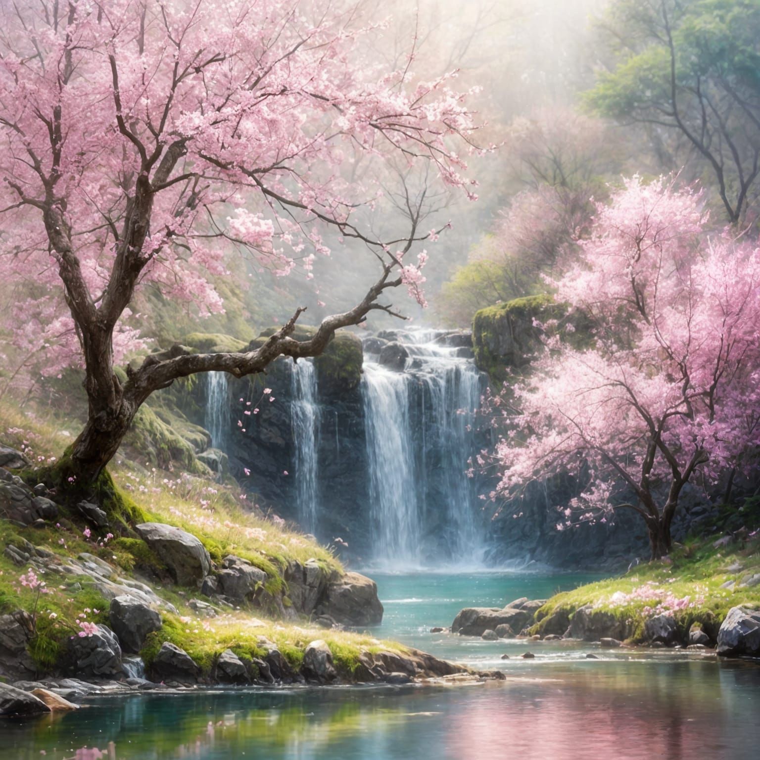 Pink Cherry Blossom Tree near Serene Waterfall