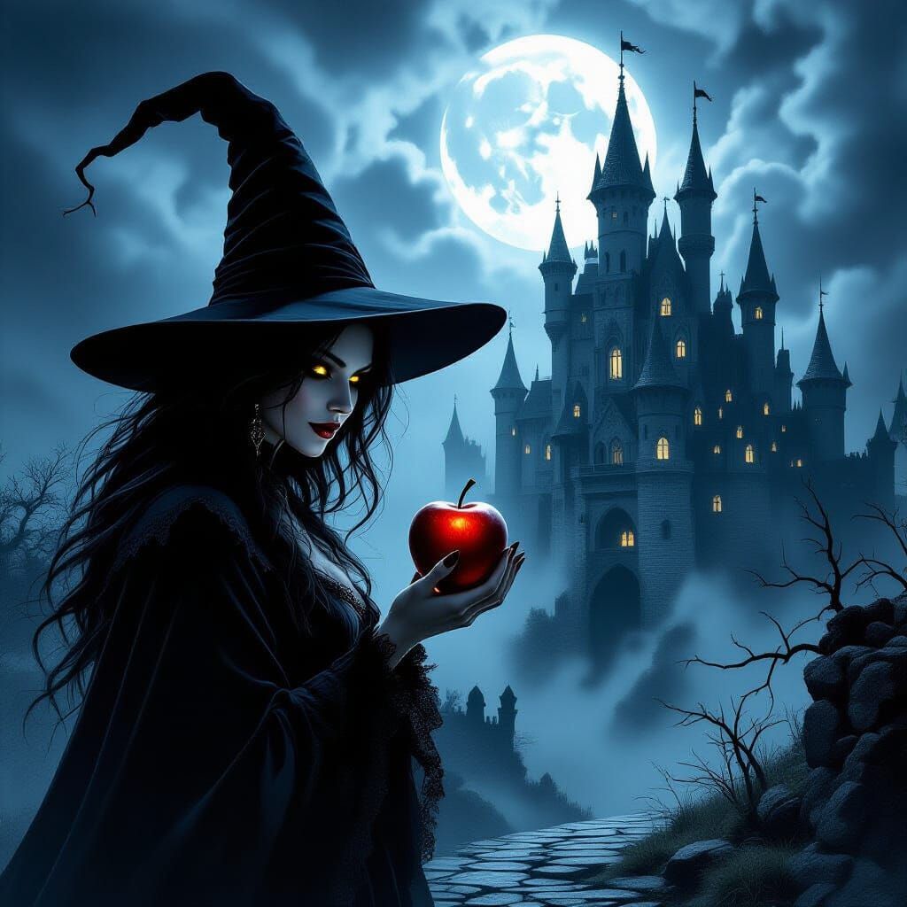 Gothic Witch With Poisoned Apple Before Castle