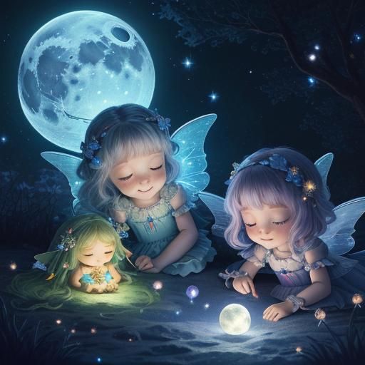 Fairies Sleeping on a Bioluminescent Moon in Galaxy