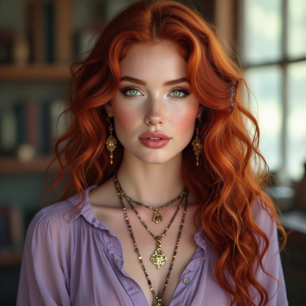 Wiccan Woman with Red Curls in Hyper-Realistic Style
