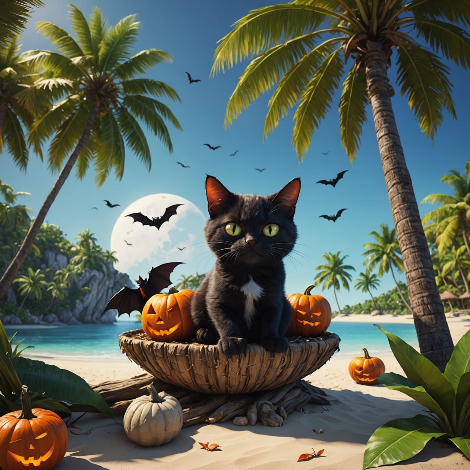 Halloween on Tropical Island: Vampire, Witch and Calico Cat