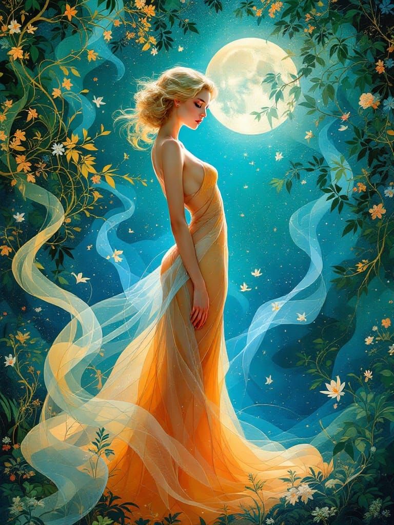 Art Nouveau Pin-Up with Luminous Translucency