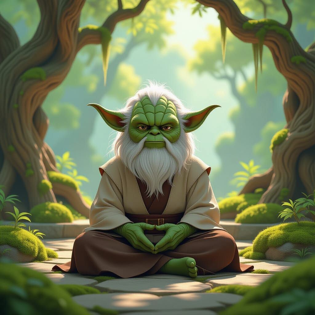 Wise Wookiee Yoda Hybrid in Ghibli Style Garden