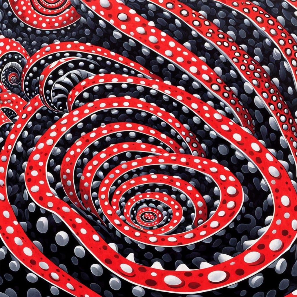 Escher-Inspired Optical Illusion with Red and Black Polka Do...