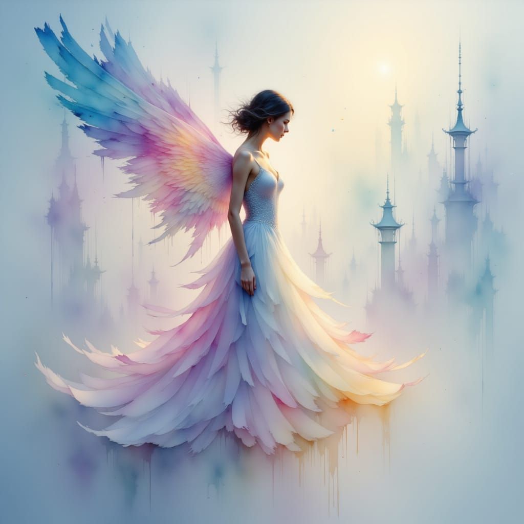 Ethereal Woman with Wispy Wings in Dreamlike Watercolor Styl...