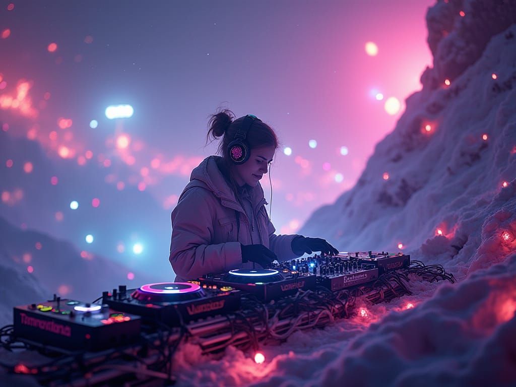 Ethereal Tomorrowland Winter Scene with Glowing DJ