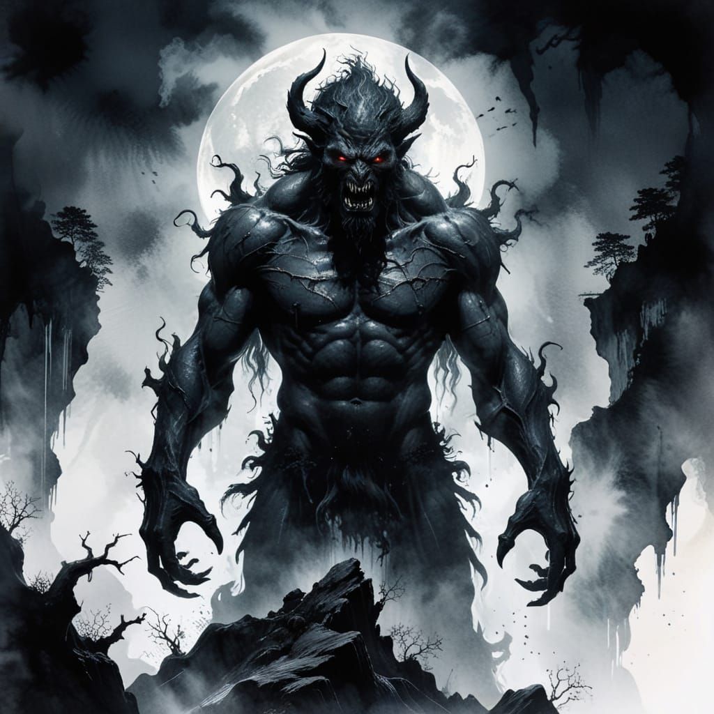 Dark Fantasy Demon Silhouette Against Full Moon