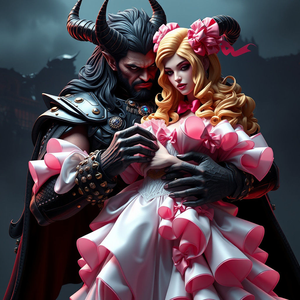 Demon King Fastens Bride's Corset in Synthwave Style