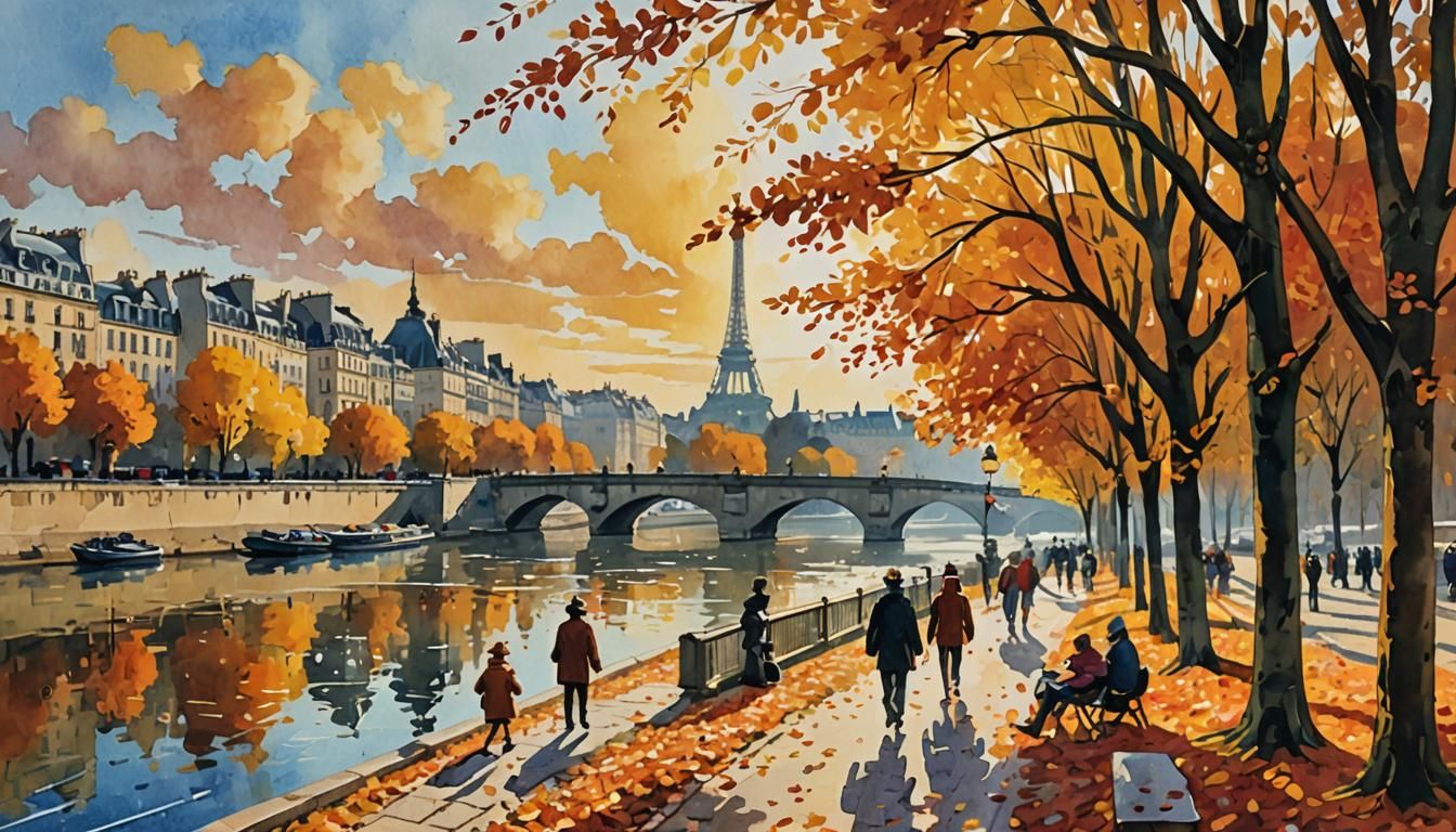 Paris Seine in Autumn: Impressionist Gouache Masterpiece