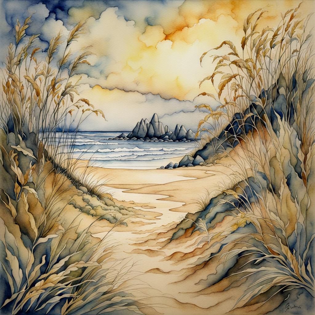Watercolor Beach Scene Inspired by Arthur Rackham