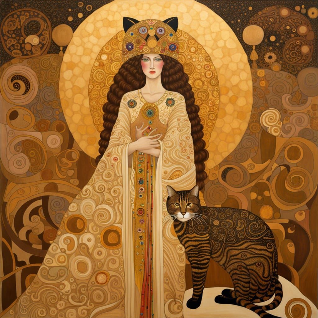 woman with cat, Gustav Klimt style