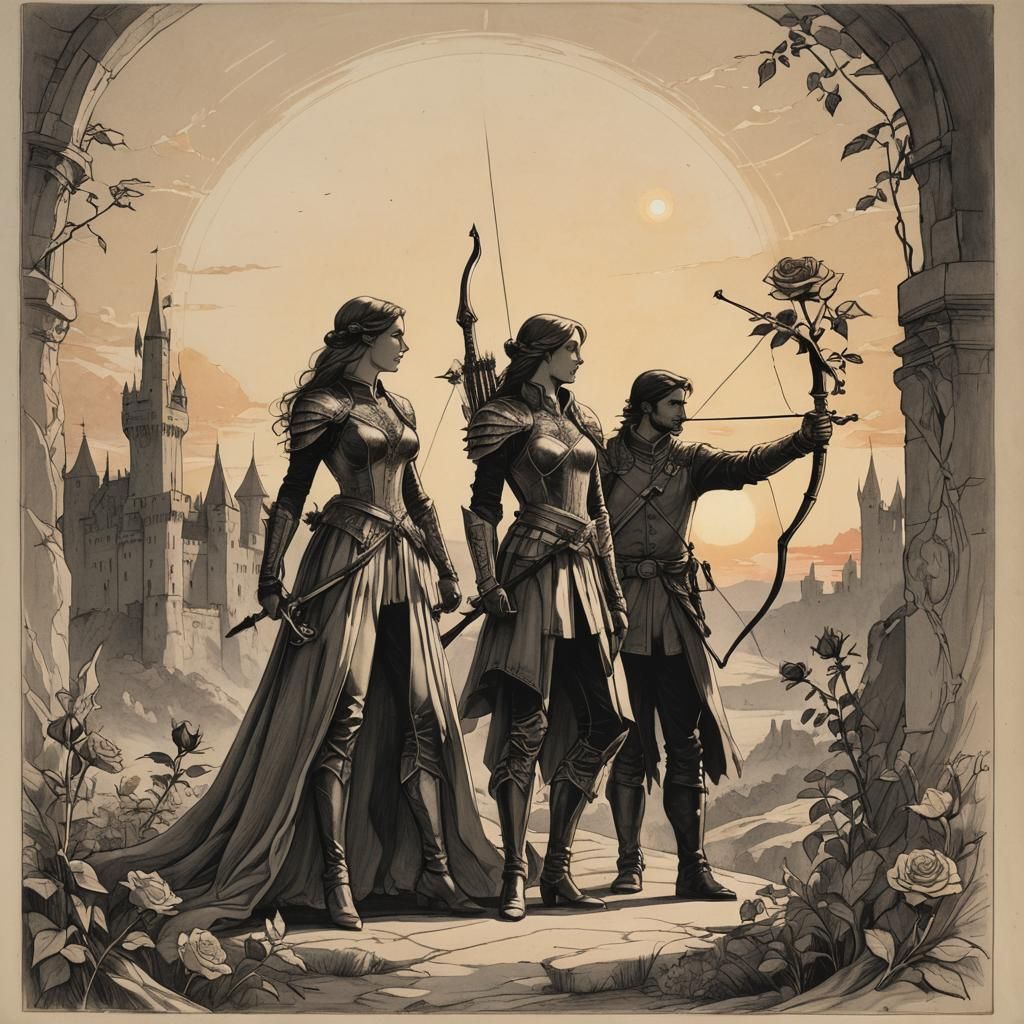Fantasy Sketch: Lovers, Castle, Rose, and Sunset