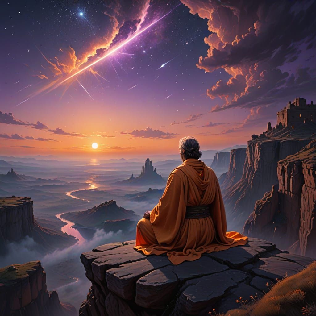 Jedi Knight Meditates on Alien Desert Cliff at Twilight