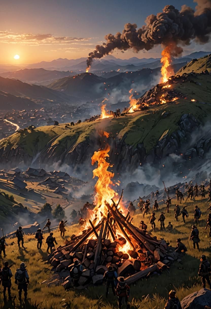 Campfire Above Battle in 3D Anime Style