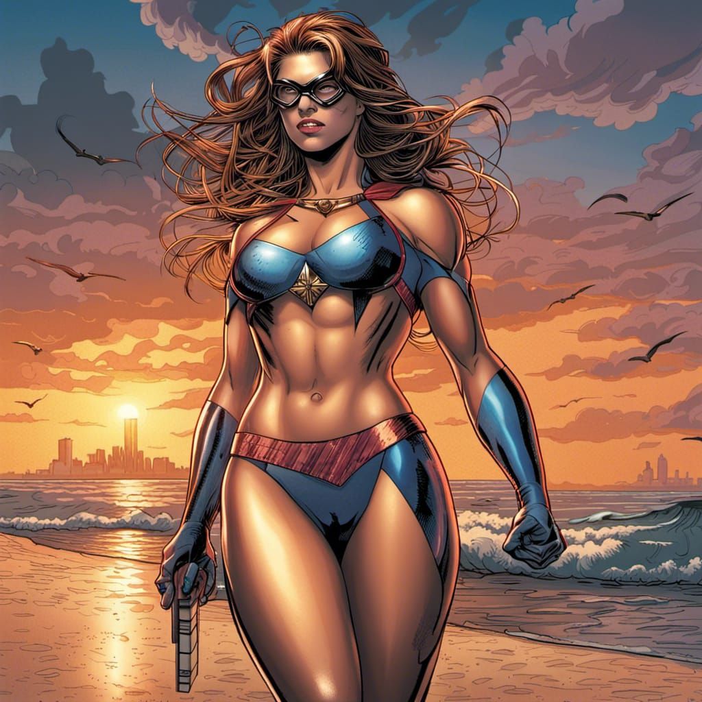 Bikini Superhero on Beach at Dusk: Comic Book Art