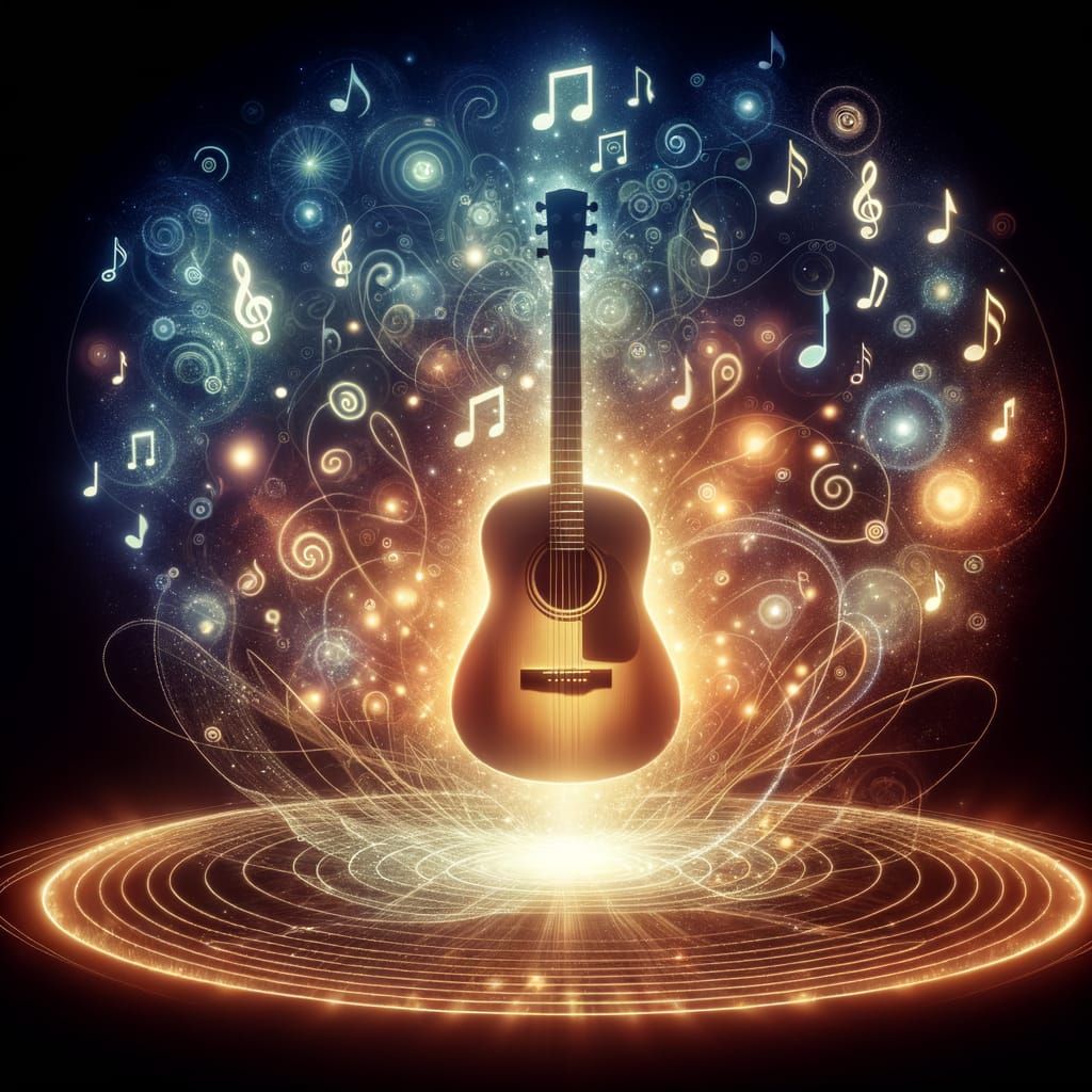 Glowing Guitar Surrounded by Dancing Musical Notes