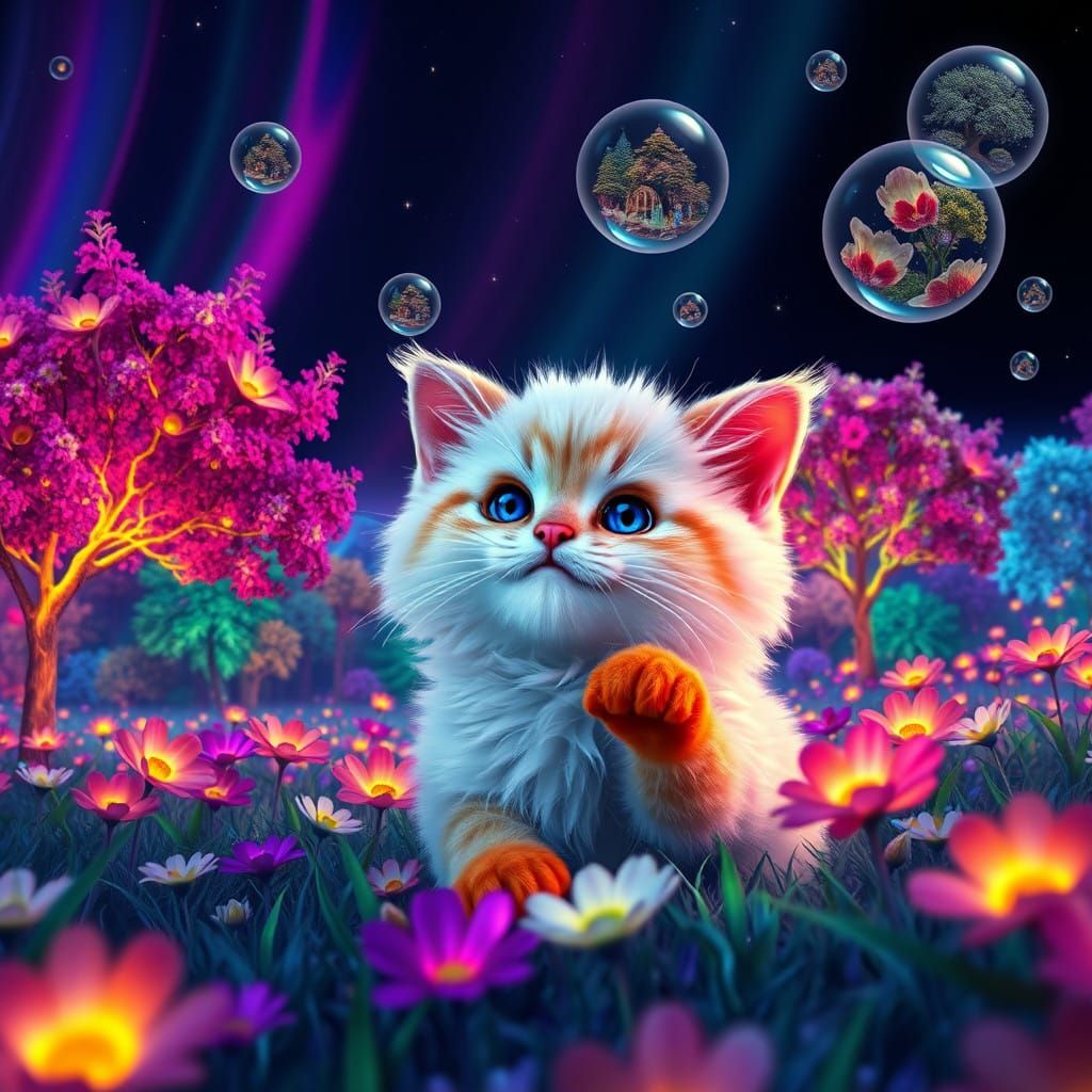 Whimsical Dreamscape Kitten in Vibrant Garden