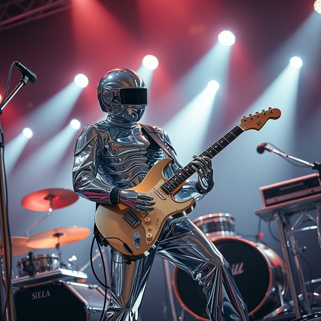Guitarist Shredding in Futuristic Chrome Landscape