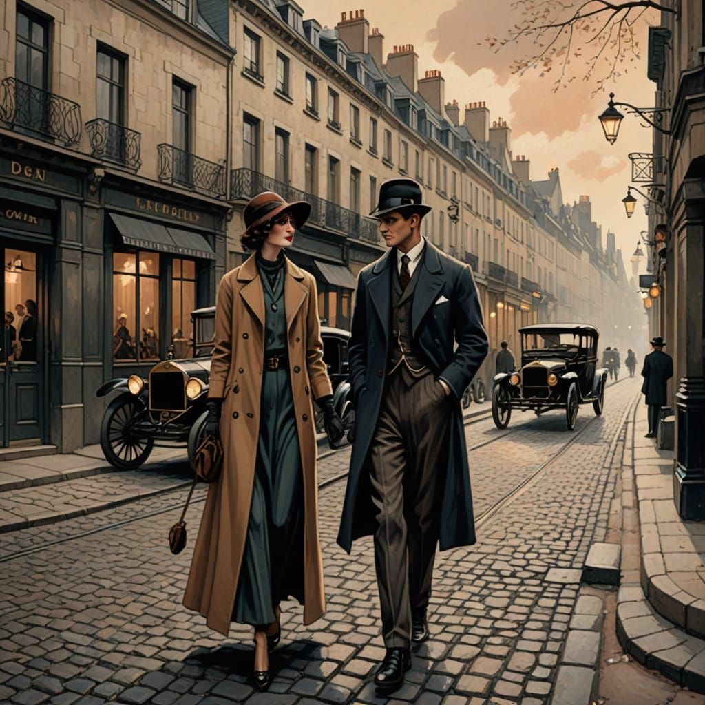 1920s Couple in Paris: Vintage Fashion Illustration