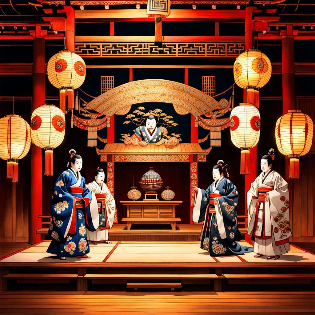 Japanese Noh Opera Night: Detailed Watercolor Illustration