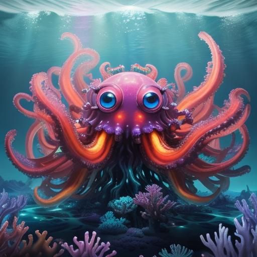 Fluffy Spider Octopus in Rainbow Ocean, Anime Style
