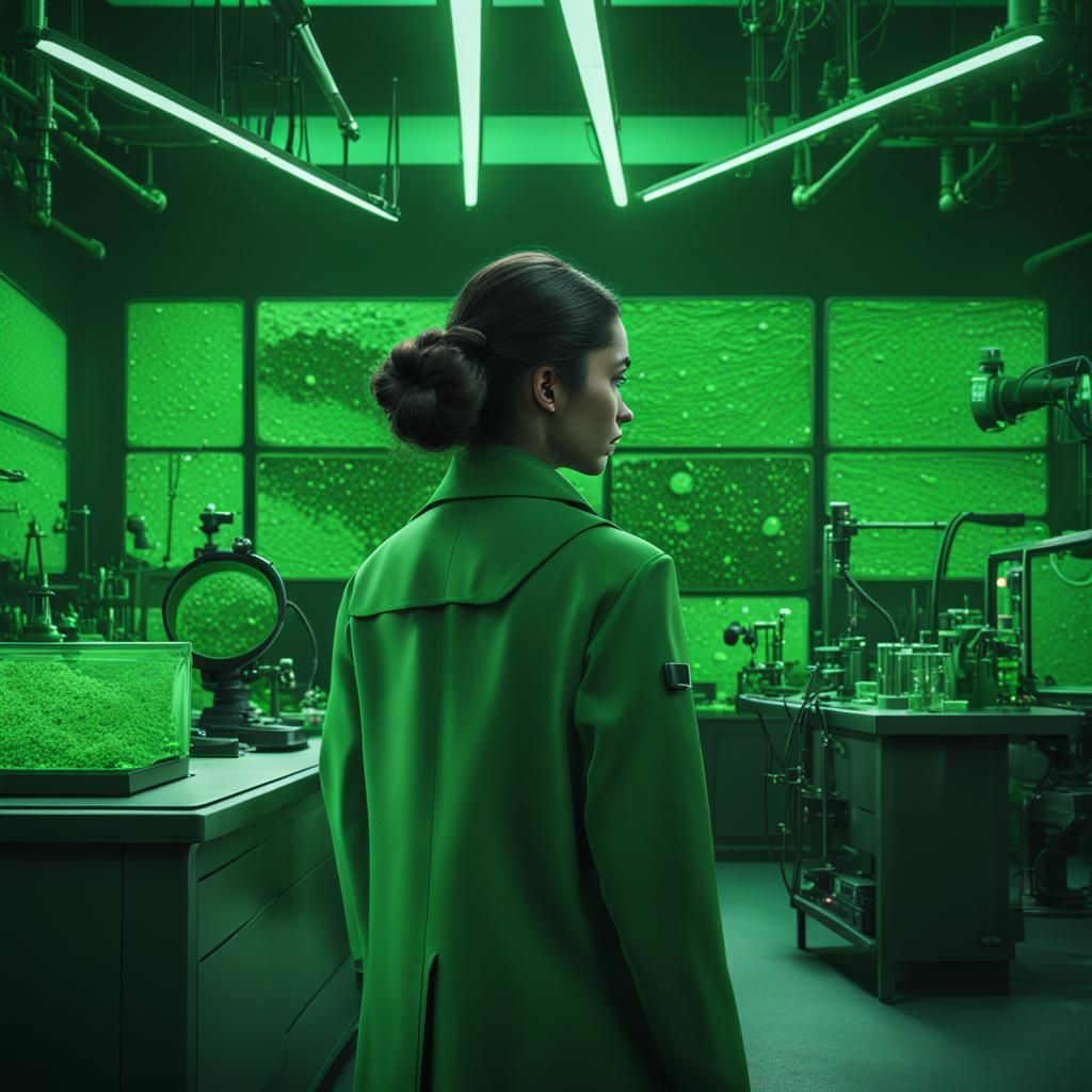 Monochrome Scientist Encounters Green: Detailed Matte Painti...