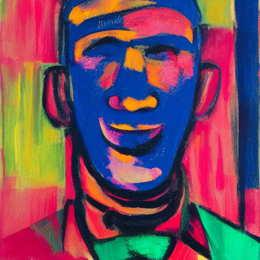 Smiling Man in Vibrant Purple Hues as Rainer Fetting