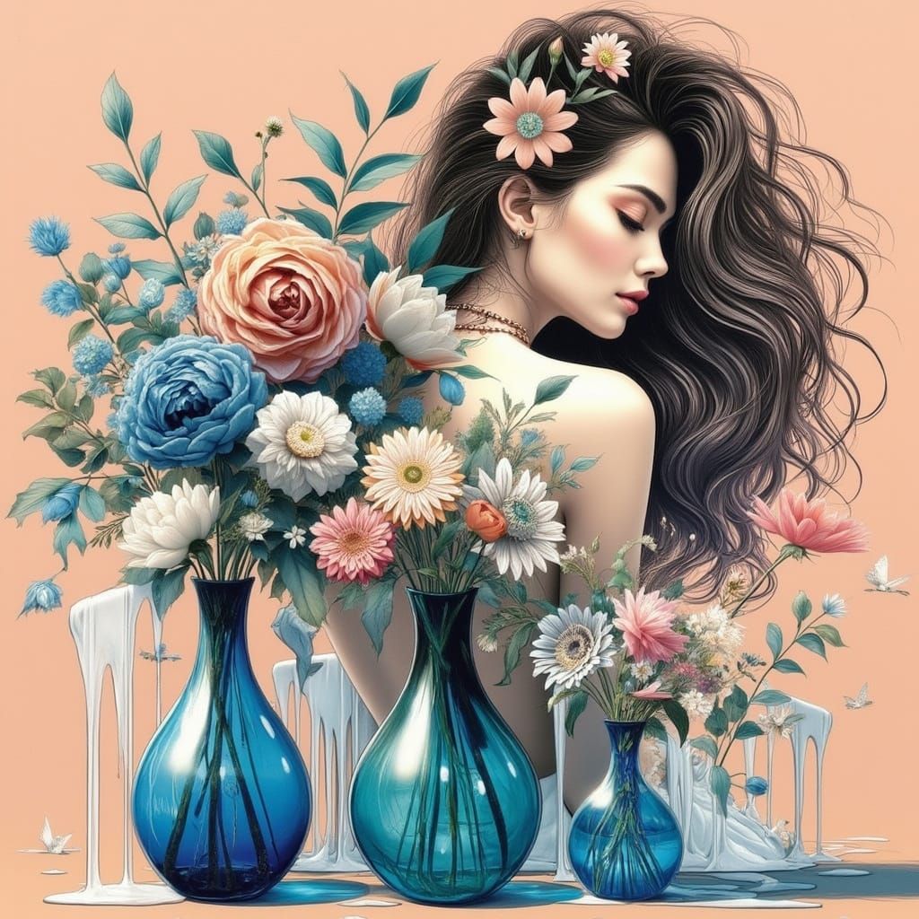 Woman in Floral Dress by Lake, in Surreal Style