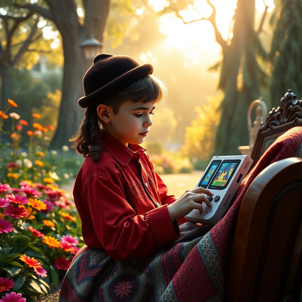 Hasidic Boy Enjoys Fantasy Game in Lush Garden