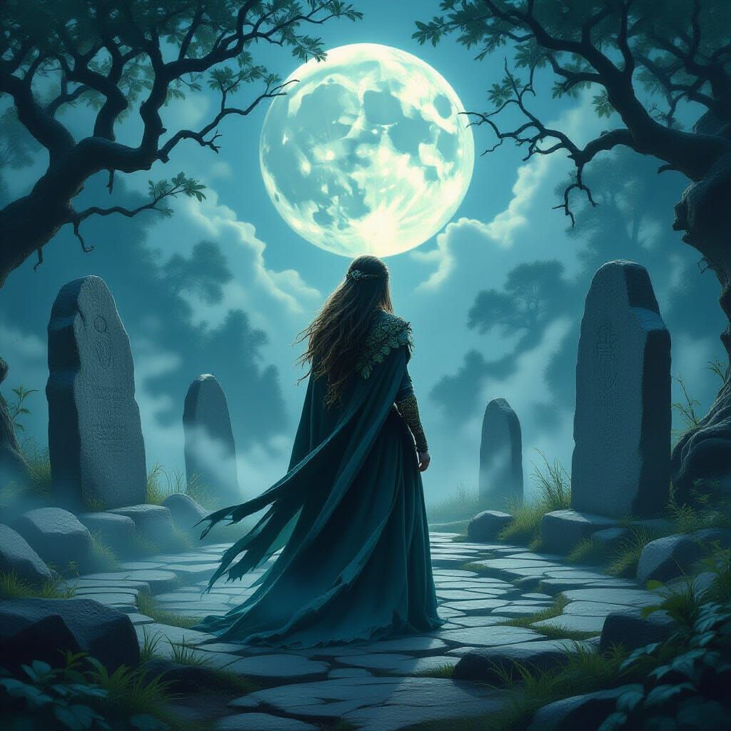 Druidess in Stone Circle: Ethereal Matte Painting