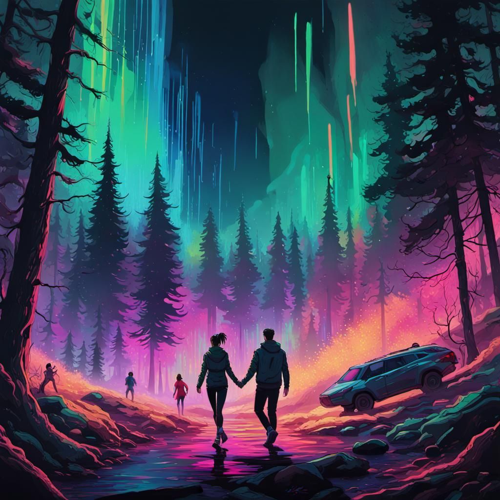 Forest Rave Under Aurora Borealis in Cyberpunk Style