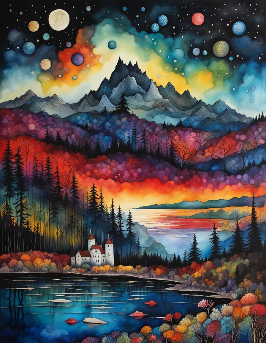 Surreal Lake Fantasy in Alcohol Ink and Watercolor
