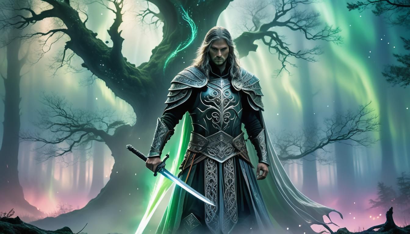 Mystical Warrior in Forest with Stardust Sword
