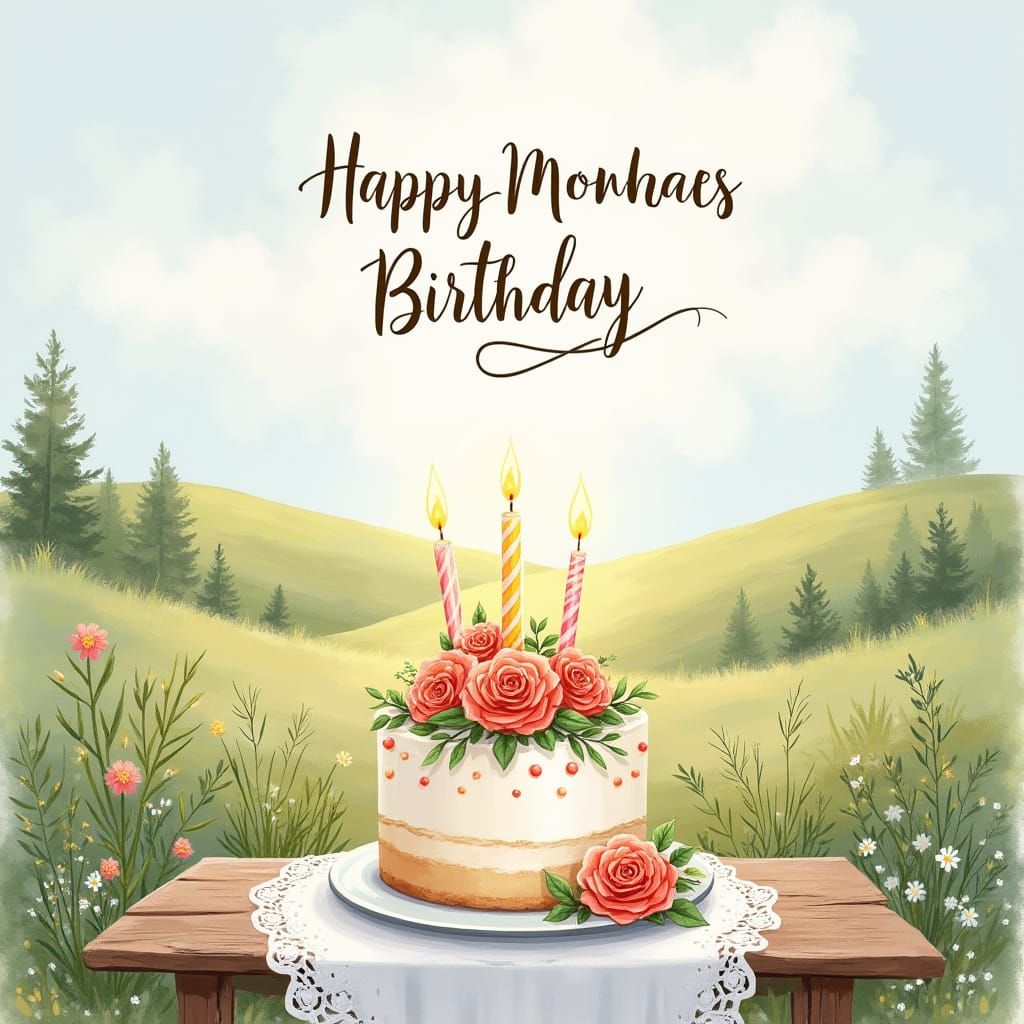 Cozy Watercolor Birthday Landscape with Golden Candlelight