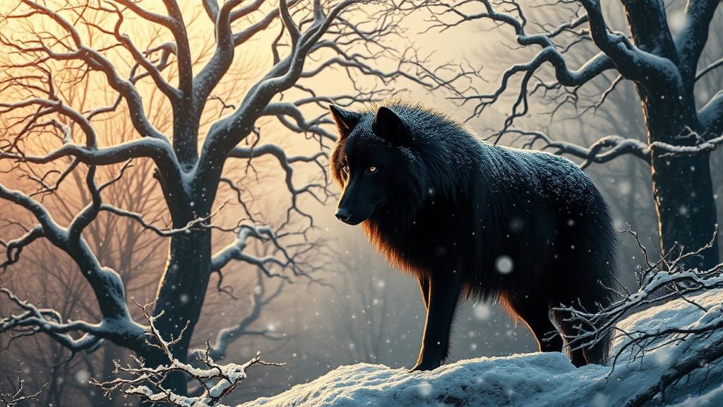 Majestic Black Wolf in Snowy Dark Fantasy Landscape
