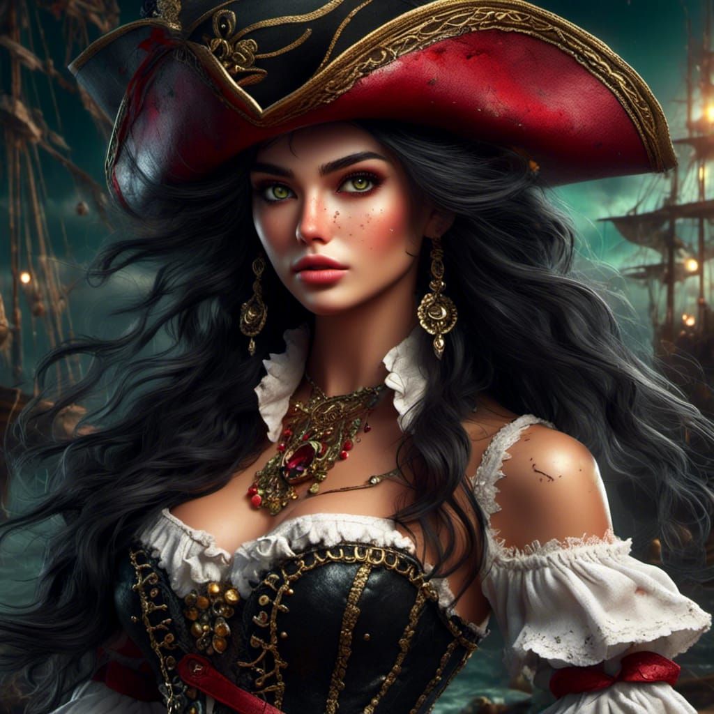 Beautiful Pirate Queen with Jewels, Detailed Digital Art