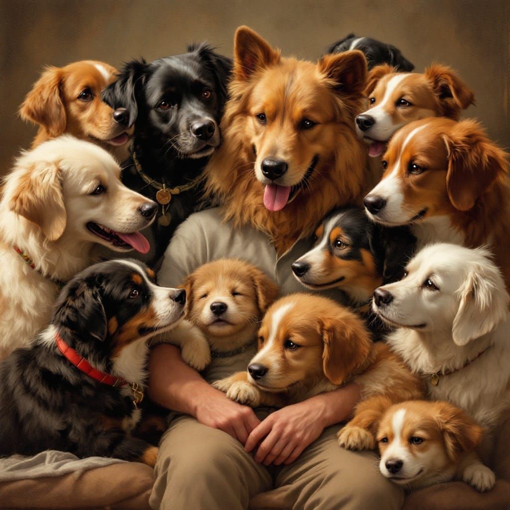 Heartwarming Scene of Dogs Affectionately Surrounding Person