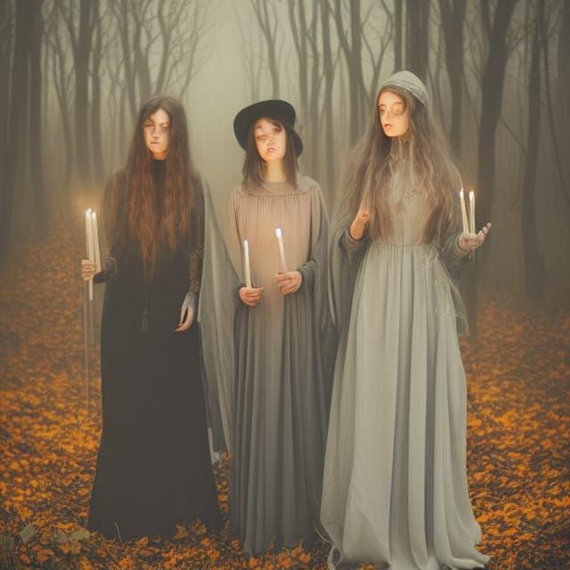 Surreal Young Witches in Autumn Forest