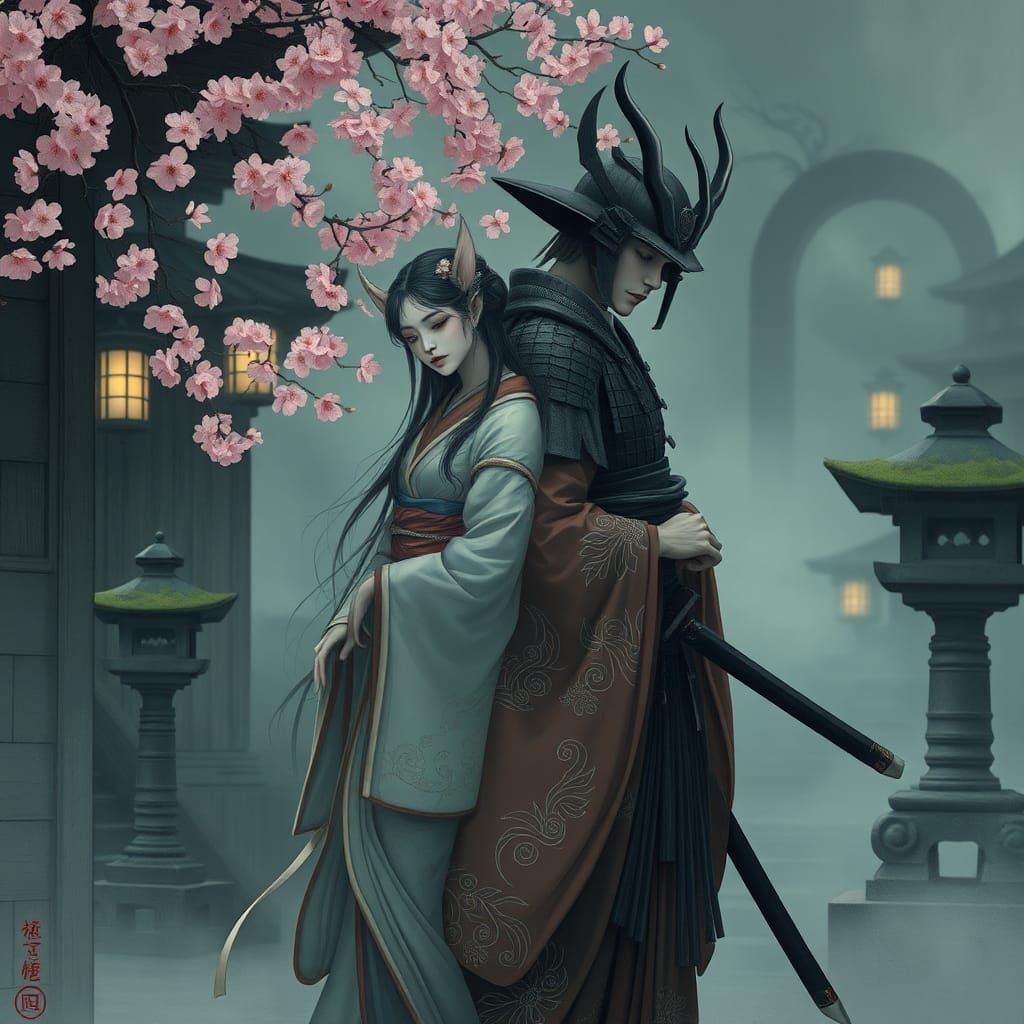 Ethereal Elf Geisha with Ghost Samurai in Ukiyo-e Style