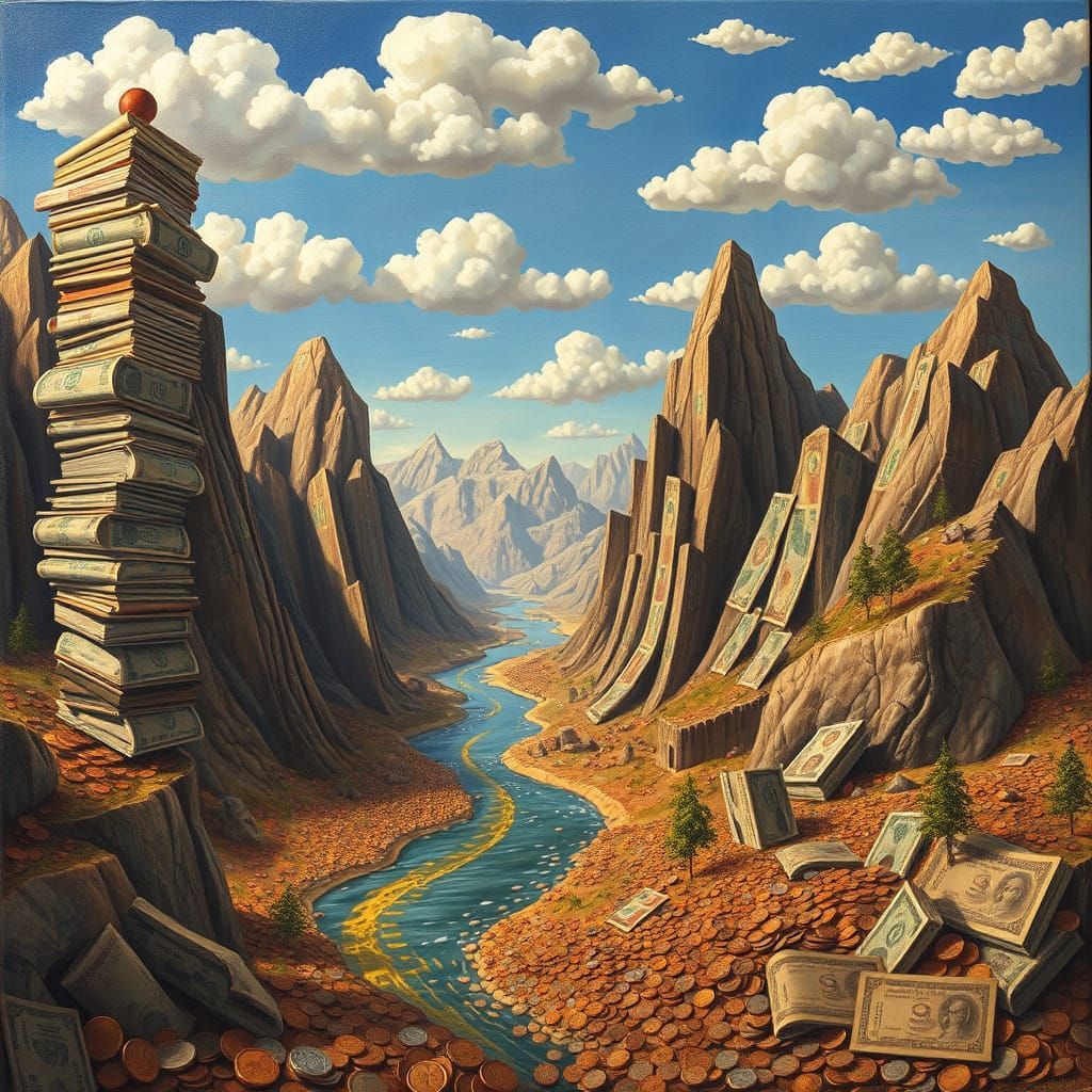 Surreal Landscape of Money Mountains and Gold Rivers