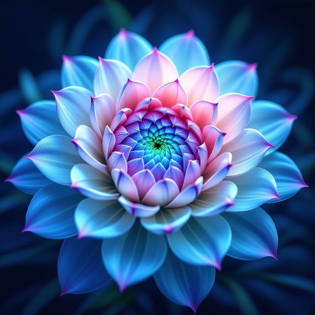 Glowing Neon Fractal Flower in Spiral with Iridescent Textur...
